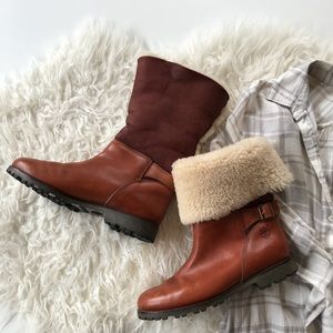 Timberland cognac leather boots with shearling
